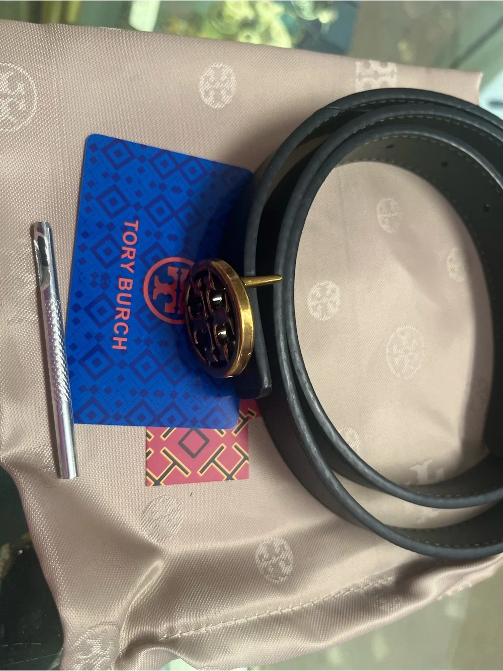 Tory Burch Black Leather Belt with Gold Tory Burch Logo